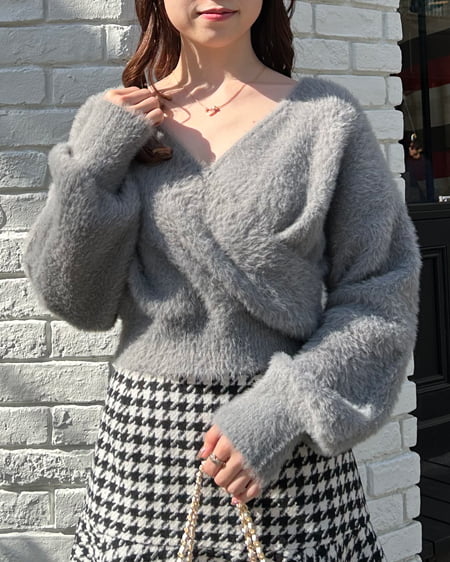 INGNI(イング) フェザーヤーンカシュクールクロップドニット グレー