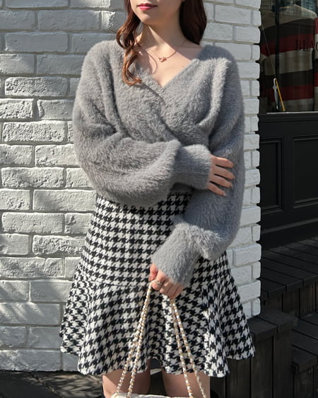 INGNI(イング) フェザーヤーンカシュクールクロップドニット グレー