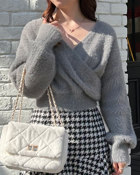 INGNI(イング) フェザーヤーンカシュクールクロップドニット グレー