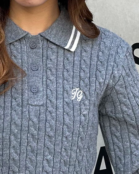 INGNI(イング) 襟ラインケーブルポロニット グレー/オフホワイト