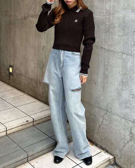 INGNI(イング) 襟ラインケーブルポロニット クロ/オフホワイト