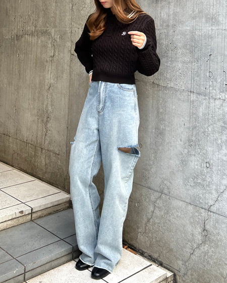 INGNI(イング) 襟ラインケーブルポロニット クロ/オフホワイト