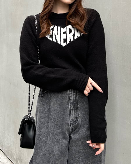 INGNI(イング) ショート丈もちもちハートロゴニット クロ/オフホワイト