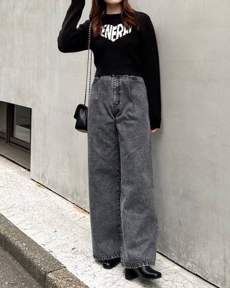 INGNI(イング) ショート丈もちもちハートロゴニット クロ/オフホワイト