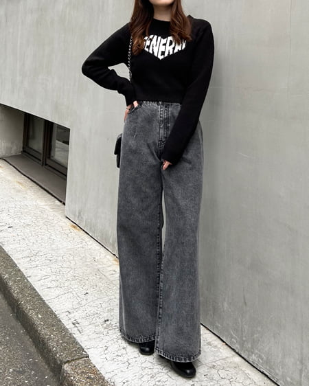 INGNI(イング) ショート丈もちもちハートロゴニット クロ/オフホワイト