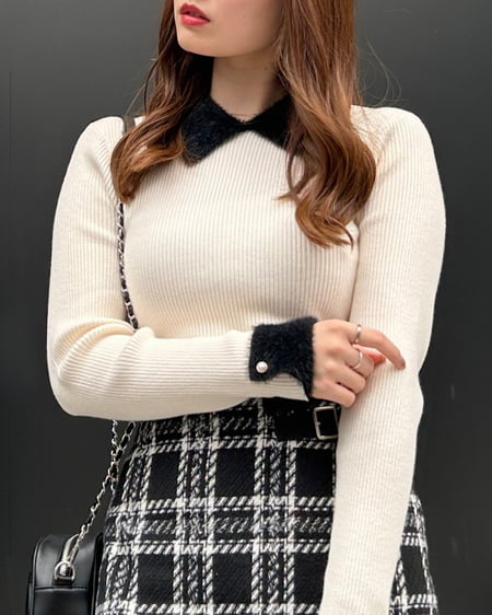 INGNI(イング) 配色襟/袖フェザーヤーンニット オフホワイト/クロ