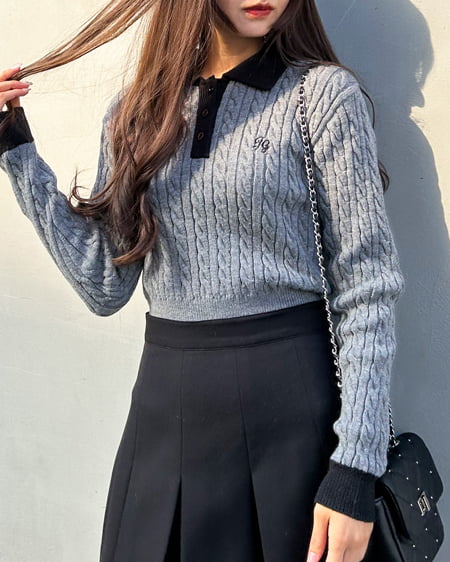 INGNI(イング) ケーブル胸刺しゅう配色ポロニット グレー/クロ