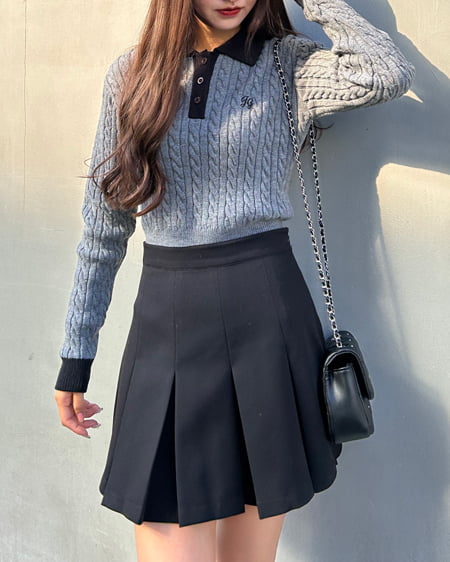 INGNI(イング) ケーブル胸刺しゅう配色ポロニット グレー/クロ