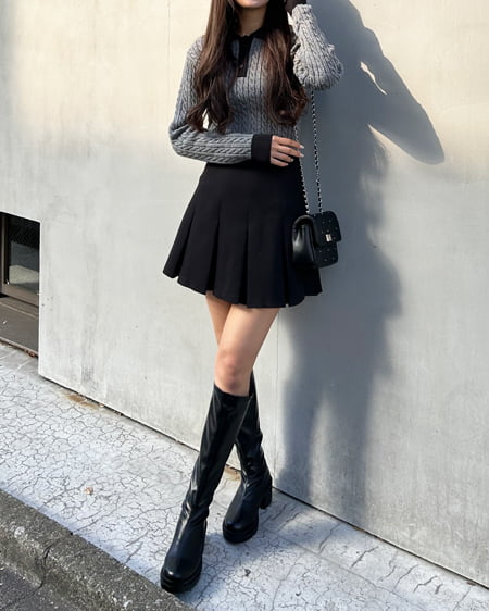 INGNI(イング) ケーブル胸刺しゅう配色ポロニット グレー/クロ