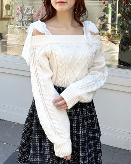 INGNI（イング） 異素材肩リボンオフショルケーブルニット ｱｲﾎﾞﾘｰ