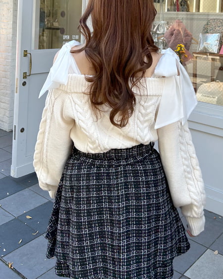 INGNI（イング） 異素材肩リボンオフショルケーブルニット ｱｲﾎﾞﾘｰ