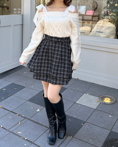 INGNI（イング） 異素材肩リボンオフショルケーブルニット ｱｲﾎﾞﾘｰ