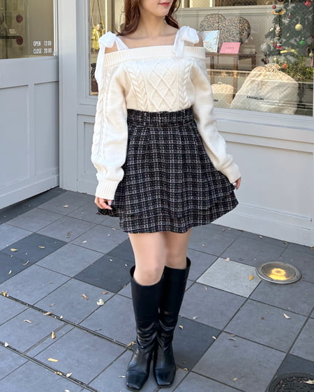 INGNI（イング） 異素材肩リボンオフショルケーブルニット ｱｲﾎﾞﾘｰ