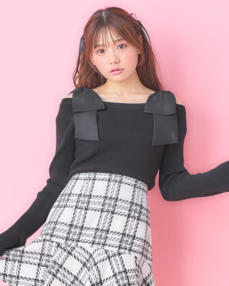 INGNI(イング) オフショル肩リボンニット クロ