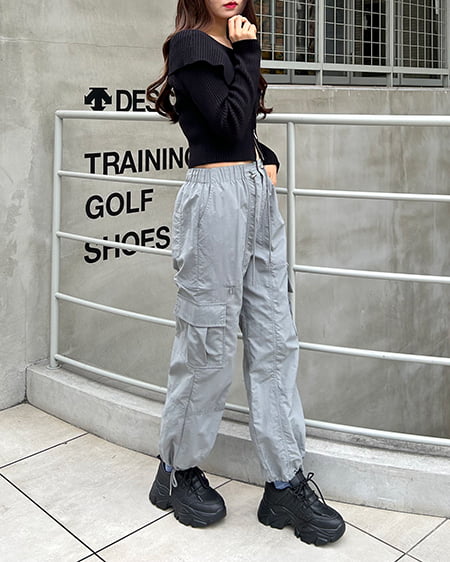 INGNI(イング) サイドスリットファスナー/ナイロンカーゴパンツ グレー