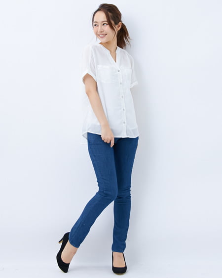 スキッパー 長袖 形態安定 レディースニットシャツ ストレッチ(S
