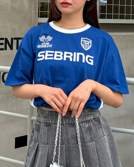 INGNI(イング) 裾ゴムスポーツロゴ配色Tシャツ ブルー/オフホワイト