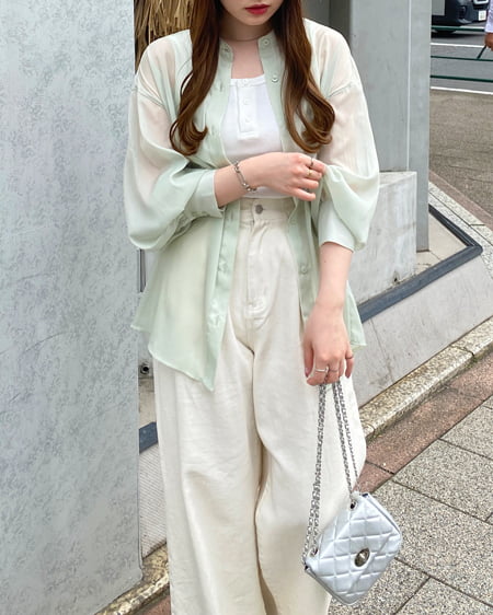 INGNI（イング） バンドカラーシアーシャツ ﾐﾝﾄｸﾞﾘｰﾝ