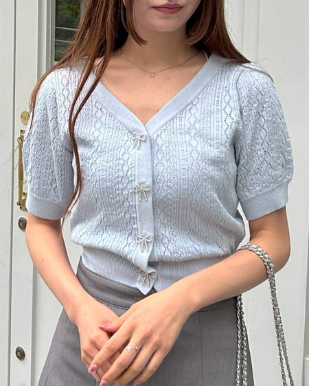 INGNI(イング) リボンボタンパターンメッシュ半袖ニットカーディガン サックス