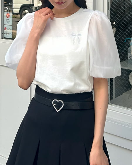 INGNI（イング） 袖異素材胸リボントップス ｵﾌﾎﾜｲﾄ