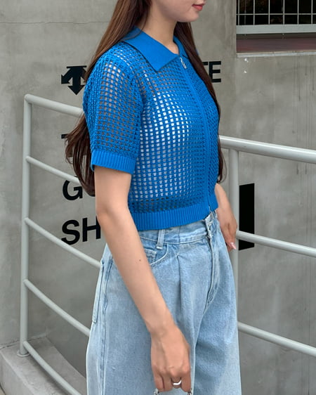 INGNI（イング） フロントジップメッシュ半袖ニット ﾌﾞﾙｰ