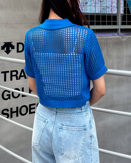 INGNI（イング） フロントジップメッシュ半袖ニット ﾌﾞﾙｰ