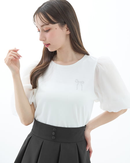 INGNI（イング） 袖異素材胸リボントップス ｵﾌﾎﾜｲﾄ