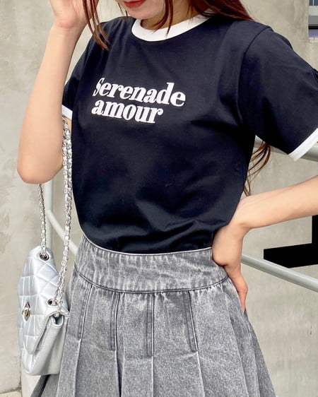 INGNI(イング) 袖リボンリンガーTシャツ ｸﾛ/ｵﾌﾎﾜｲﾄ