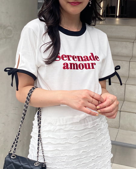 INGNI(イング) 袖リボンリンガーTシャツ ｵﾌﾎﾜｲﾄ/ｸﾛA