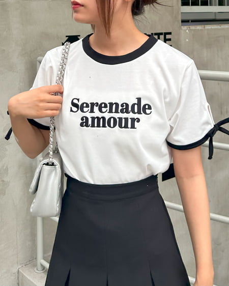 INGNI(イング) 袖リボンリンガーTシャツ ｵﾌﾎﾜｲﾄ/ｸﾛ