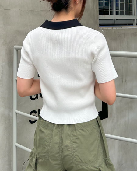 INGNI（イング） ハーフジップ胸刺繍配色半袖ニット ｵﾌﾎﾜｲﾄ/ｸﾛ