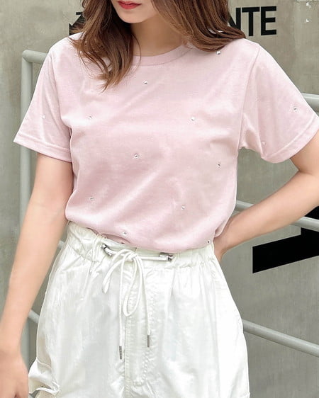 INGNI(イング) ラインストーン飛ばしTシャツ ﾗｲﾄﾋﾟﾝｸ