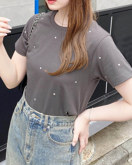 INGNI(イング) ラインストーン飛ばしTシャツ ﾁｬｺｰﾙｸﾞﾚｰ