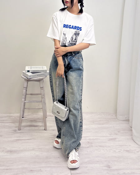 INGNI（イング） 転写プリントTシャツ ｵﾌﾎﾜｲﾄ/ﾌﾞﾙｰ