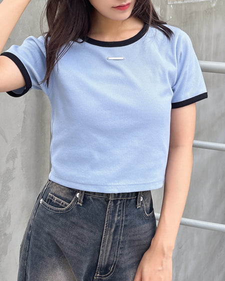 INGNI（イング） プレート付リブリンガーTシャツ ﾗｲﾄﾌﾞﾙｰ/ｸﾛ
