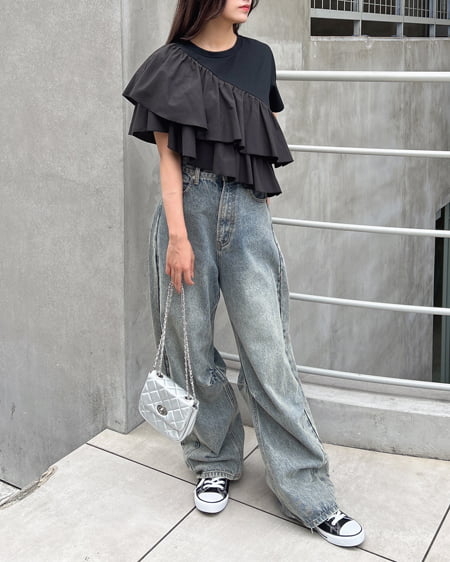 INGNI（イング） フリルアシメTシャツ ｸﾛ