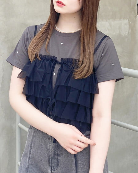 INGNI（イング） チュールフリルキャミビスチェトップス ｸﾛ