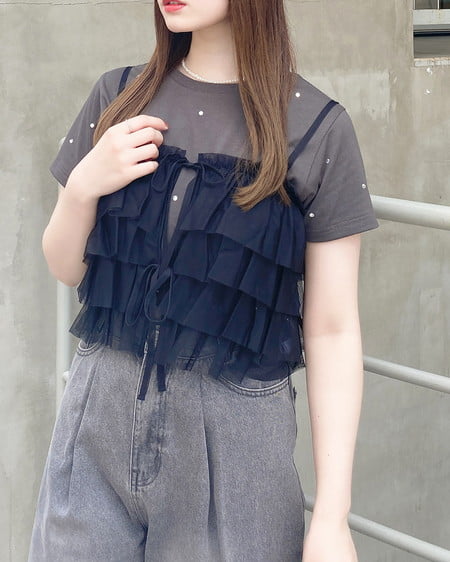 INGNI（イング） チュールフリルキャミビスチェトップス ｸﾛ