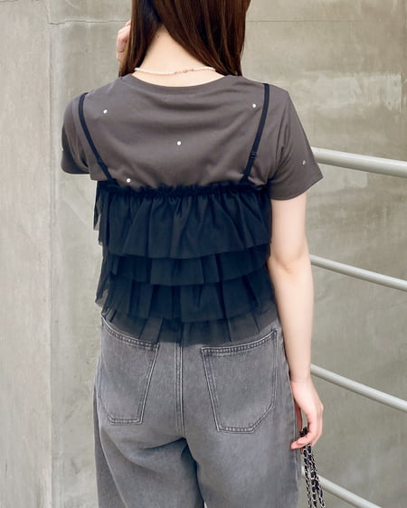 INGNI（イング） チュールフリルキャミビスチェトップス ｸﾛ