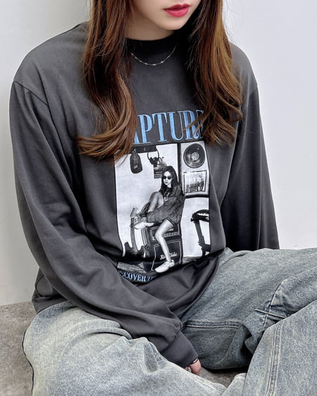 INGNI(イング) 転写プリントロゴロングTシャツ ﾁｬｺｰﾙｸﾞﾚｰ/ﾌﾞﾙｰ