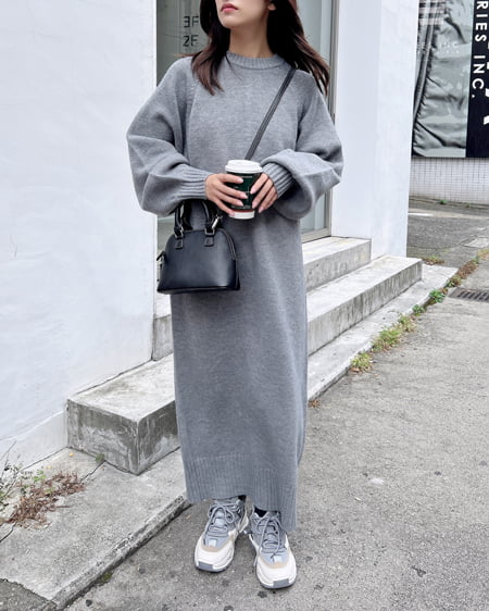 INGNI(イング) モックネックBackスリットニットワンピース グレー
