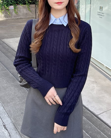 INGNI(イング) シャツ襟付ケーブルニット コン/ブルー