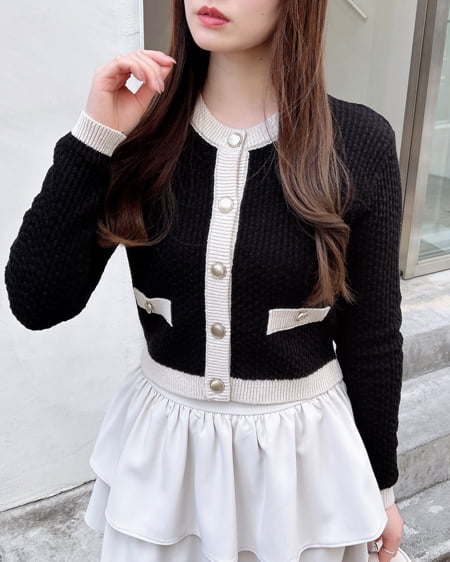 INGNI(イング) 配色ツイードニットカーディガン クロ/オフホワイト