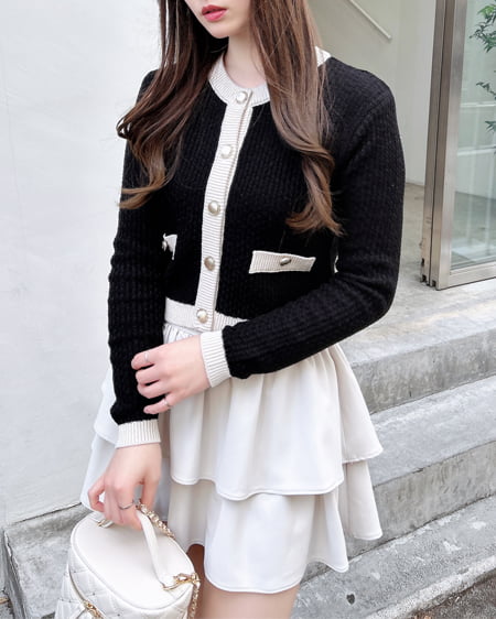 INGNI(イング) 配色ツイードニットカーディガン クロ/オフホワイト