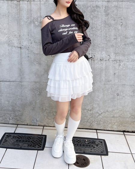 INGNI（イング） リボンロゴテレコワンショルダー長袖ピタTシャツ ﾁｬｺｰﾙｸﾞﾚｰ