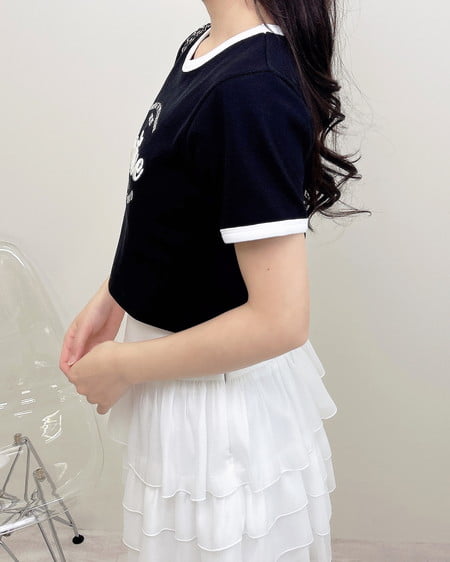 INGNI（イング） リンガーリブロゴショートTシャツ ｸﾛ/ｵﾌﾎﾜｲﾄ