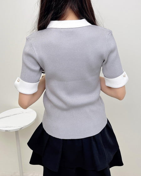 INGNI（イング） 配色襟付半袖ニット ｸﾞﾚｰ/ｵﾌﾎﾜｲﾄ