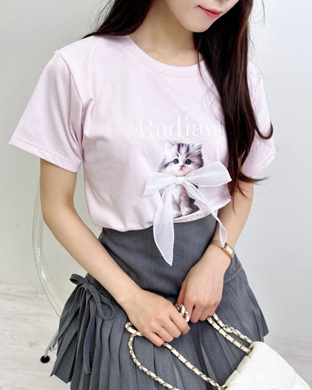 INGNI（イング） 装飾リボン付ねこTシャツ ﾗｲﾄﾋﾟﾝｸ