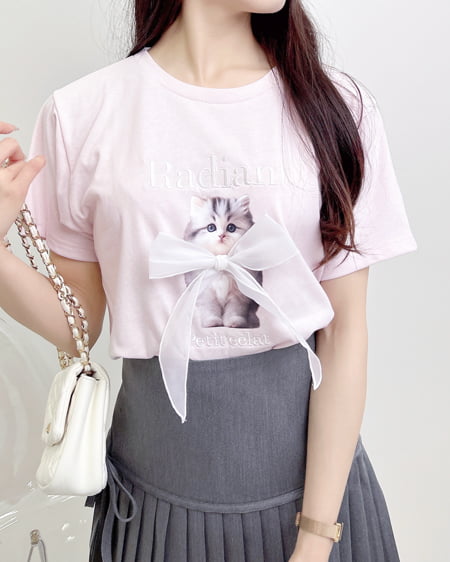 INGNI（イング） 装飾リボン付ねこTシャツ ﾗｲﾄﾋﾟﾝｸ
