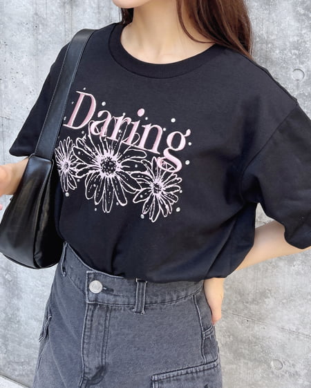 INGNI（イング） フラワーロゴTシャツ ｸﾛ/ﾋﾟﾝｸ
